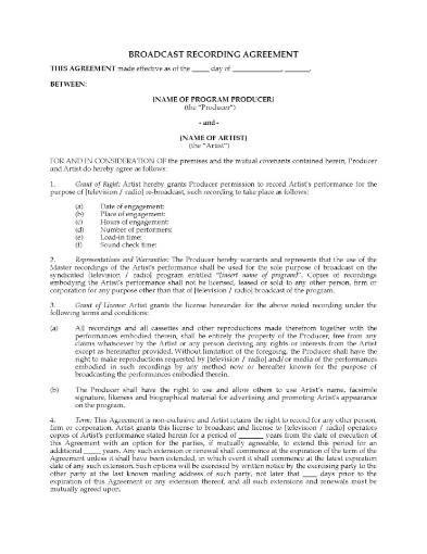 Broadcast Recording Agreement for tv or radio program airing in Canada
