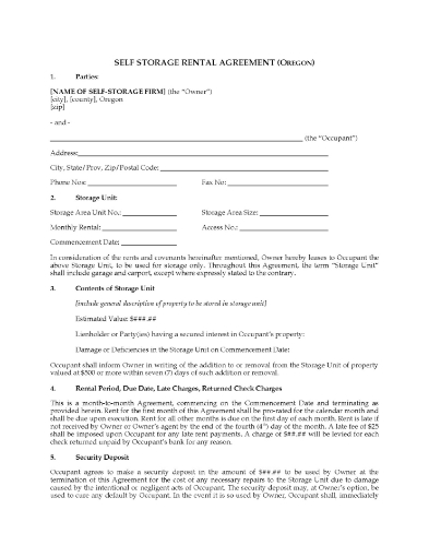 Oregon Self Storage Lease Agreement