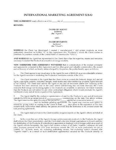 Marketing Agreement for a US based company doing business internationally