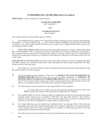 Picture of British Columbia Commercial Lease Agreement for Fixed or Monthly Tenancy