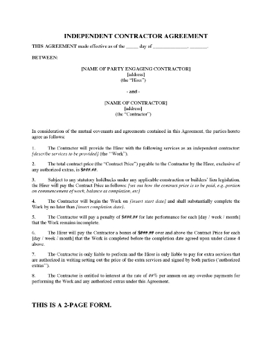 Construction Contractor Agreement with Late Completion Penalty provision and bonus for early completion