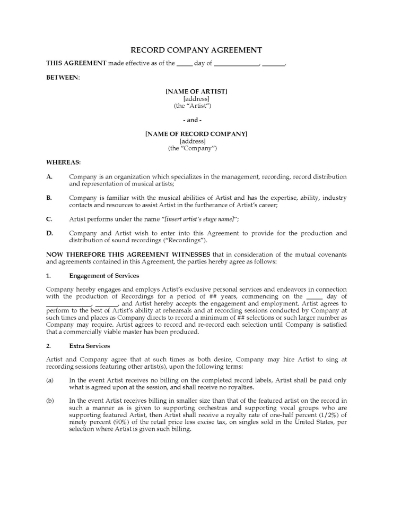 Recording Contract with Royalty Rate Schedule