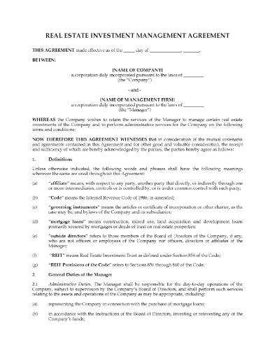 USA Real Estate Investment Management Agreement