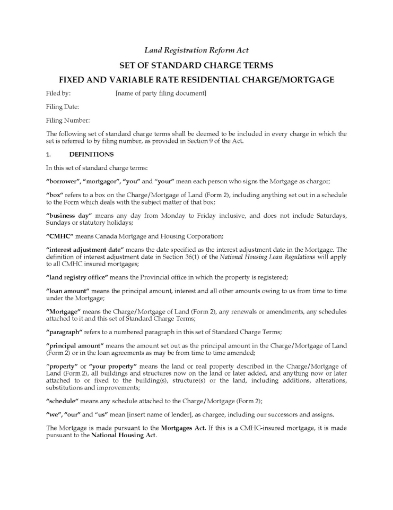 Ontario Standard Terms for Residential Mortgage - Fixed and Variable Rate