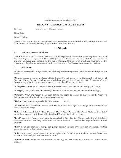 Ontario Standard Terms for Straight Charge / Mortgage