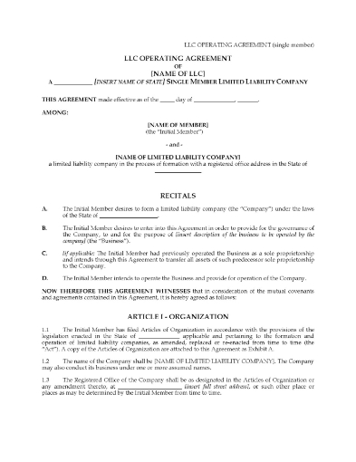USA LLC Operating Agreement for single member company