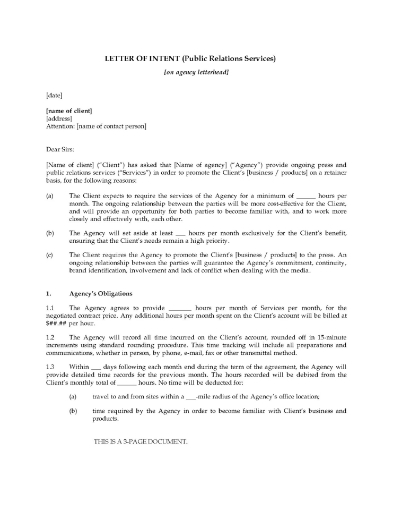 Letter of Intent to Hire Public Relations Firm