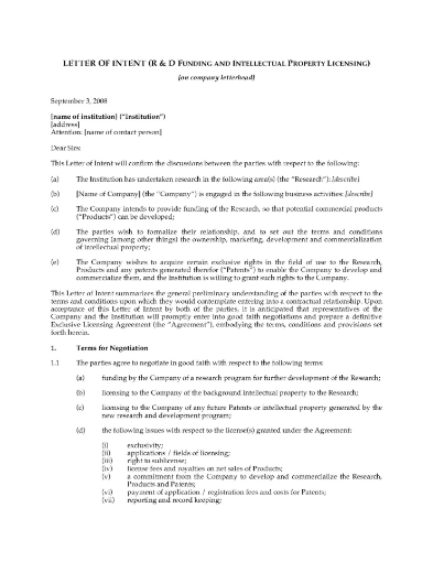 Letter of Intent for Research and Development