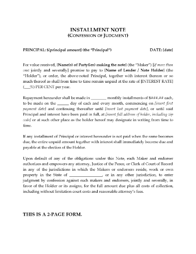 USA Installment Note with Confession of Judgment