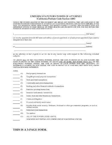 California Uniform Statutory Power of Attorney