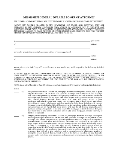 Mississippi General Durable Springing Power of Attorney