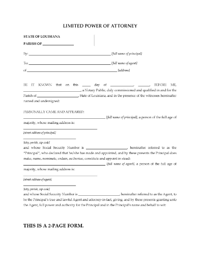 Louisiana Limited Power of Attorney Form