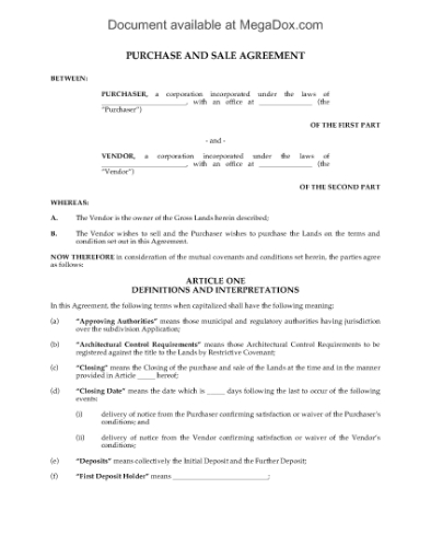 Picture of Purchase Contract for Land for Subdivision | Canada