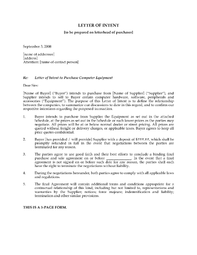 Letter of Intent to Purchase Computer Equipment