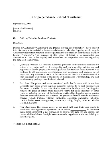 Letter of Intent to Purchase Products