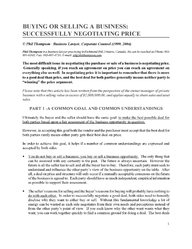 Negotiating Price for Sale of Business Over $1 Million