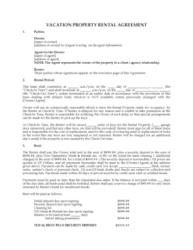 Picture of New Hampshire Vacation Property Rental Agreement