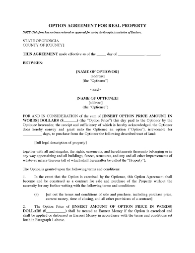 Georgia Option to Purchase Real Estate