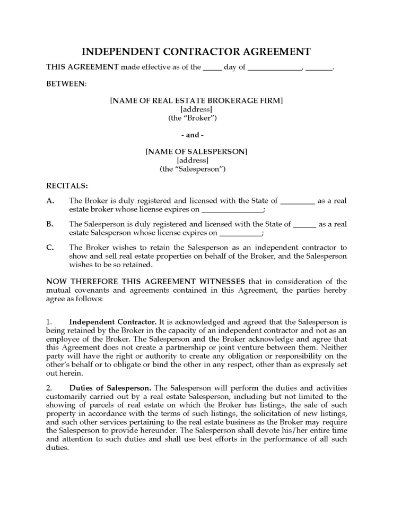 USA Independent Contractor Agreement for Real Estate Salesperson