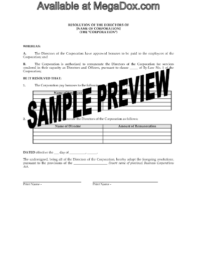 Canada Directors Resolution to Authorize Employee Bonuses