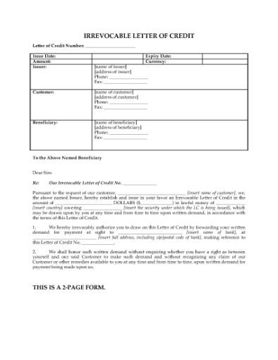 Picture of Irrevocable Letter of Credit