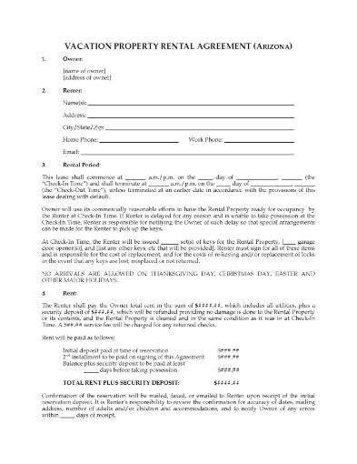 Arizona Vacation Property Rental Agreement