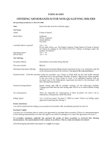 Picture of Canada Offering Memorandum for Non-Qualifying Issuers