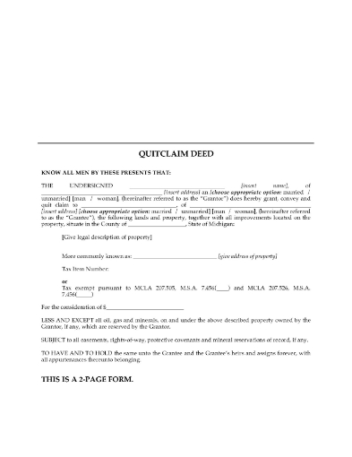 Michigan Quitclaim Deed Form