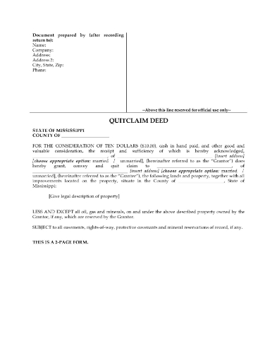 Mississippi Quitclaim Deed Form