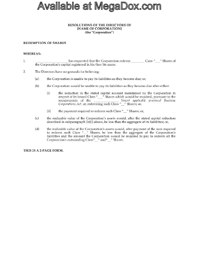 Canada Directors Resolution to redeem shares