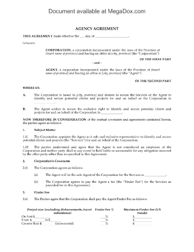 Canada Agency Agreement to Identify New Global Clients