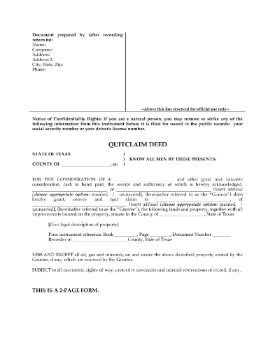 Texas Quitclaim Deed Form