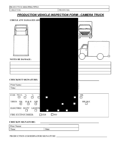 Production Vehicle Inspection Reports for Film Shoot