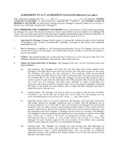 Rental building resident manager agreement for the Province of British Columbia