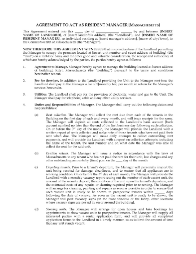 Agreement between Massachusetts landlord and building tenant who has agreed to act as resident manager