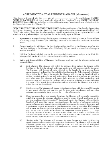Agreement between Minnesota landlord and tenant to hire the tenant as resident manager of rental building
