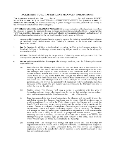 Saskatchewan Resident Manager Agreement between landlord and building tenant