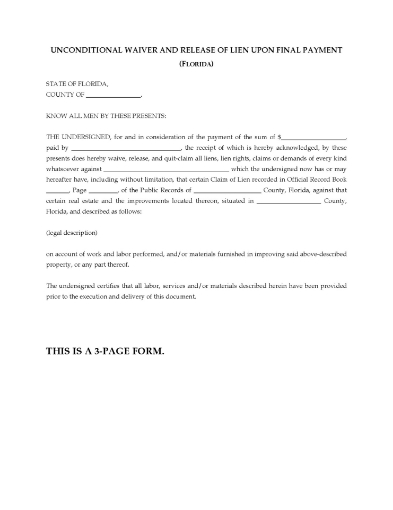 Florida Unconditional Waiver and Release of Lien - Final Payment