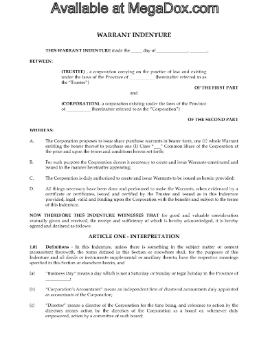 Canada Warrant Indenture for flow-through shares