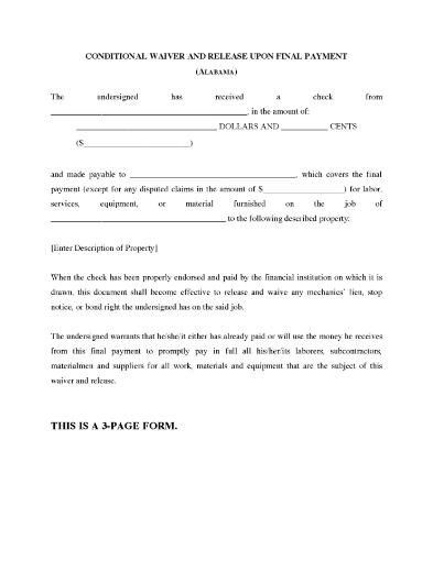 Alabama Conditional Waiver and Release of Lien Upon Final Payment