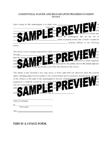 Idaho Conditional Waiver and Release of Lien - Progress Payment