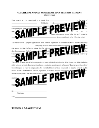 Picture of Kentucky Conditional Waiver and Release of Lien Upon Progress Payment