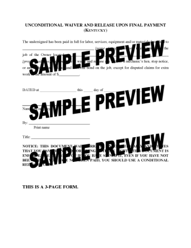 Picture of Kentucky Unconditional Waiver and Release of Lien Upon Final Payment