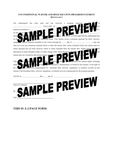 Picture of Kentucky Unconditional Waiver and Release of Lien Upon Progress Payment