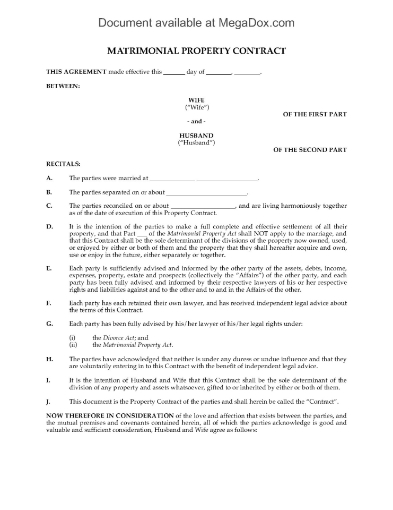 Alberta Matrimonial Property Contract