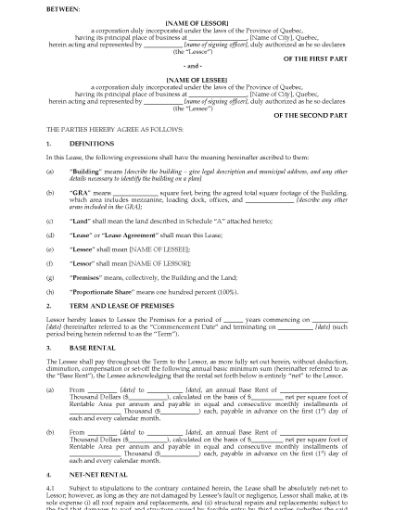 Picture of Quebec Commercial Net Net Lease Agreement