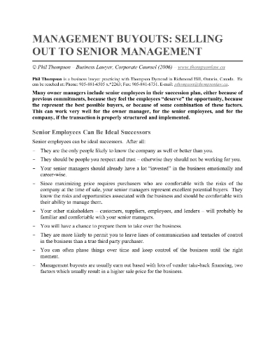 Management Buyouts - Selling Out to Senior Management