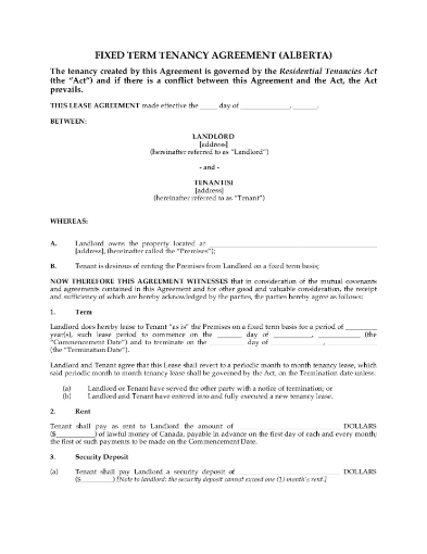 Alberta Fixed Term Residential Lease Contract