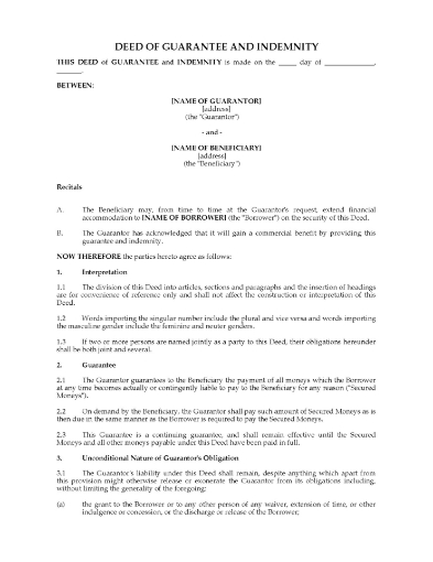 Australia Guarantee Deed and Indemnity