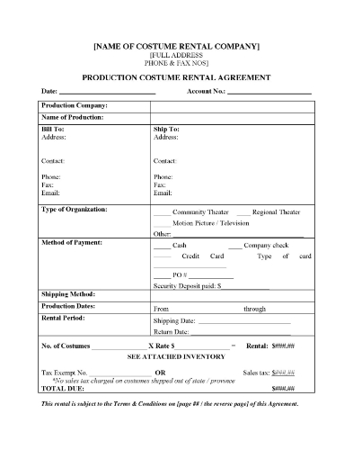 Costume Rental Agreement for Film or Theater